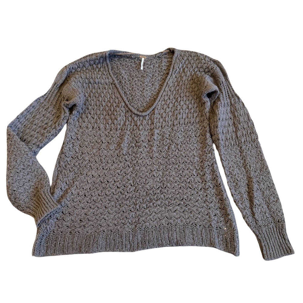 Free People Chunky Pullover V-Neck Sweater Neutral Brown Wool Stretch Size Large